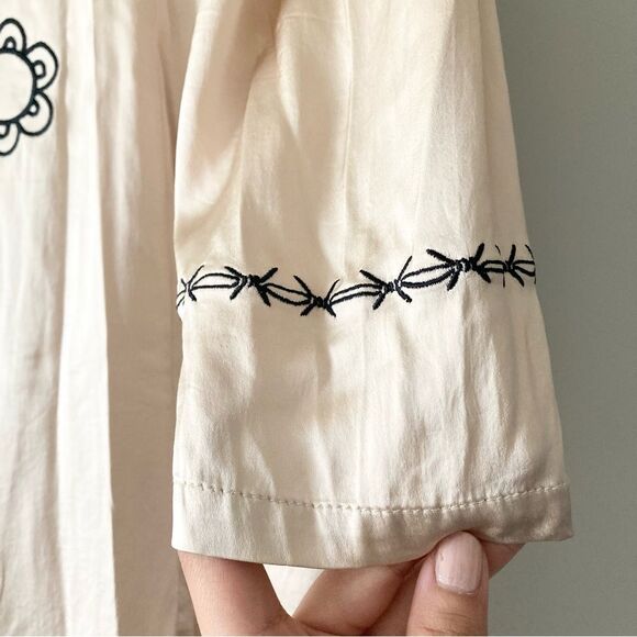 Lottie Hall Cream Black Silk Embroidered Faux Wrap Dress 14 - Picture 4 of 8